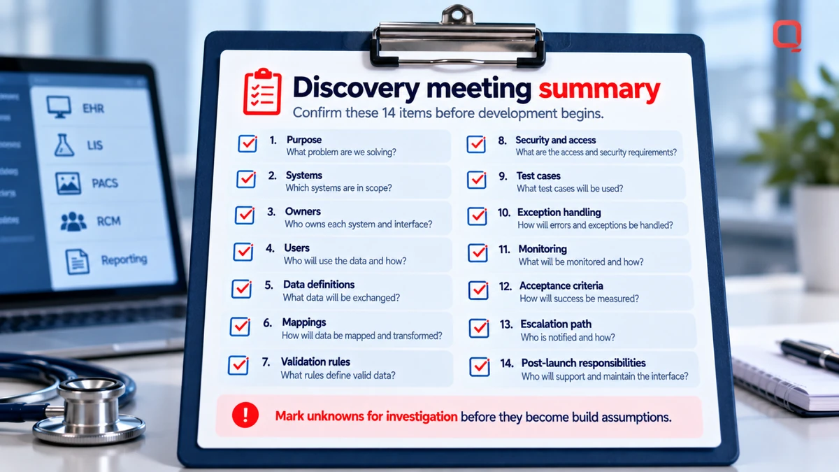 The discovery summary as a checklist card &mdash; purpose, systems and owners, data definitions and mappings, validation rules, security and access, test cases, exception handling, monitoring, acceptance criteria, escalation and post-launch responsibilities