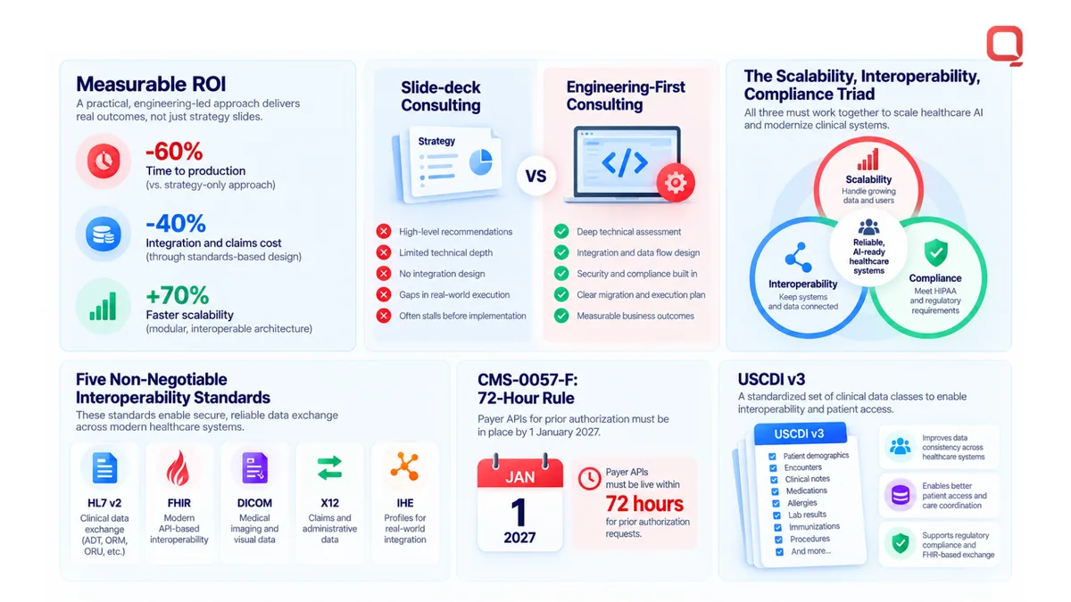 Healthcare IT consulting in 2026 infographic: measurable ROI, slide-deck vs engineering-first consulting, the scalability-interoperability-compliance triad, five interoperability standards, CMS-0057-F, and USCDI v3