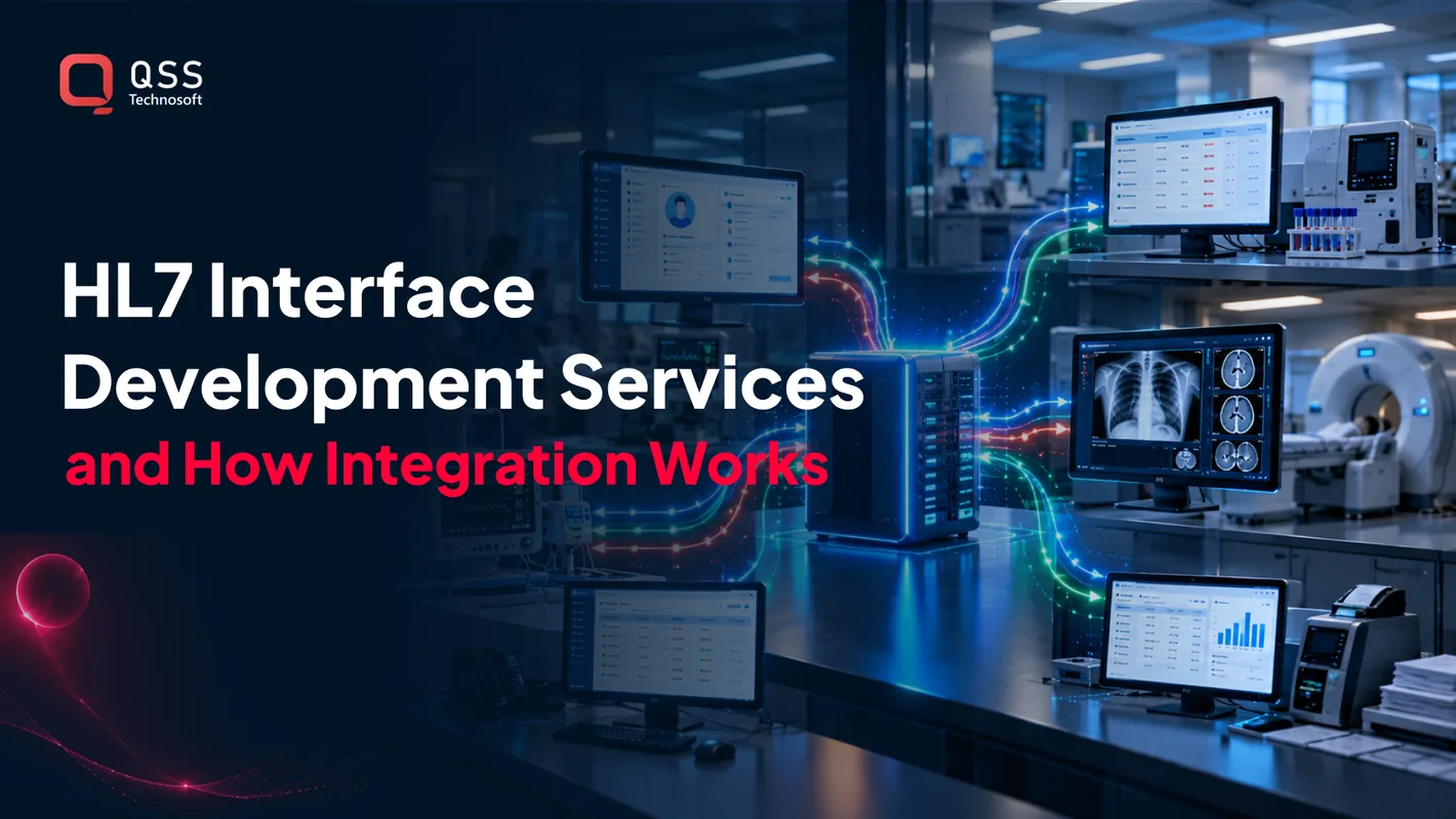 HL7 interface development services — an interface engine routing ADT, ORM, and ORU messages between an EHR, a laboratory information system, radiology, and billing applications