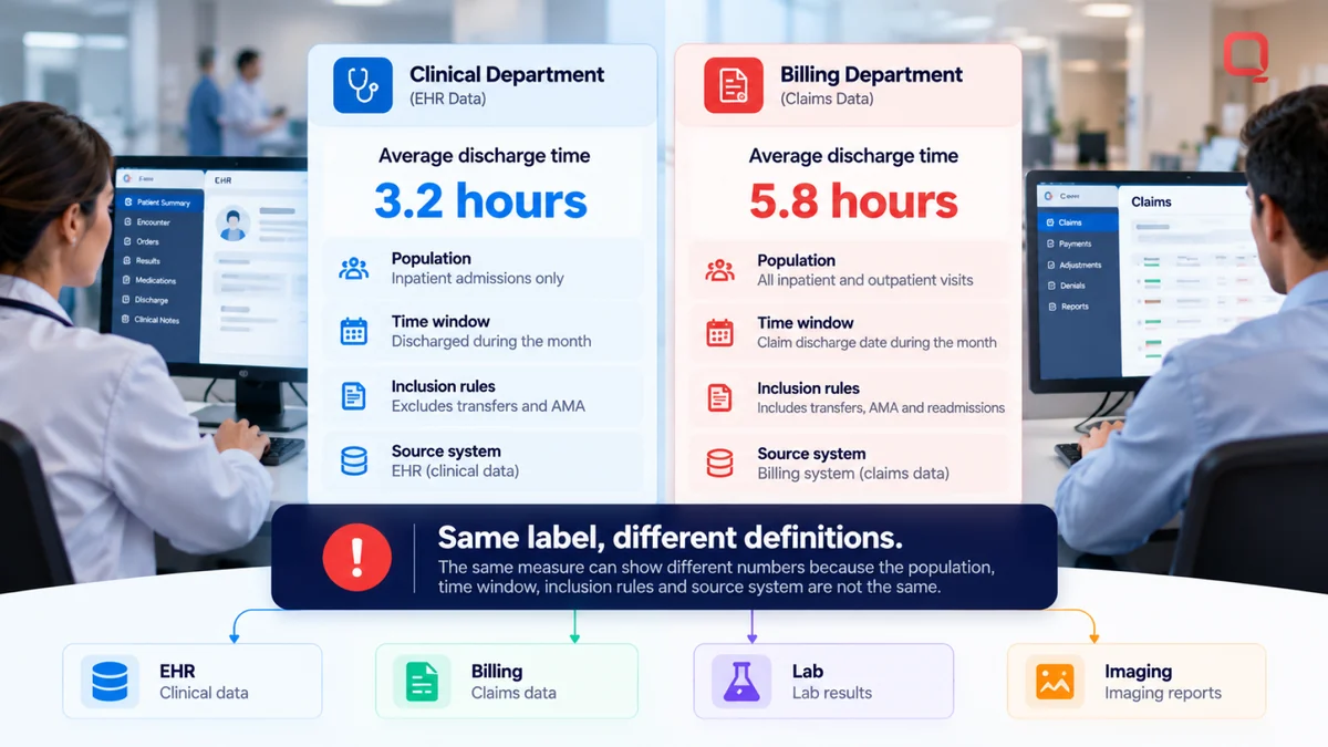 Why hospital reports fail: two departments report different values for the same measure because populations, time windows, and inclusion rules differ across EHR, billing, lab, and imaging systems