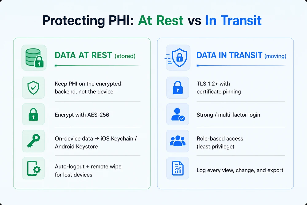 Protecting PHI: At Rest vs In Transit Protecting PHI at rest versus in transit — encryption, keychain storage, TLS, MFA, role-based access, and logging