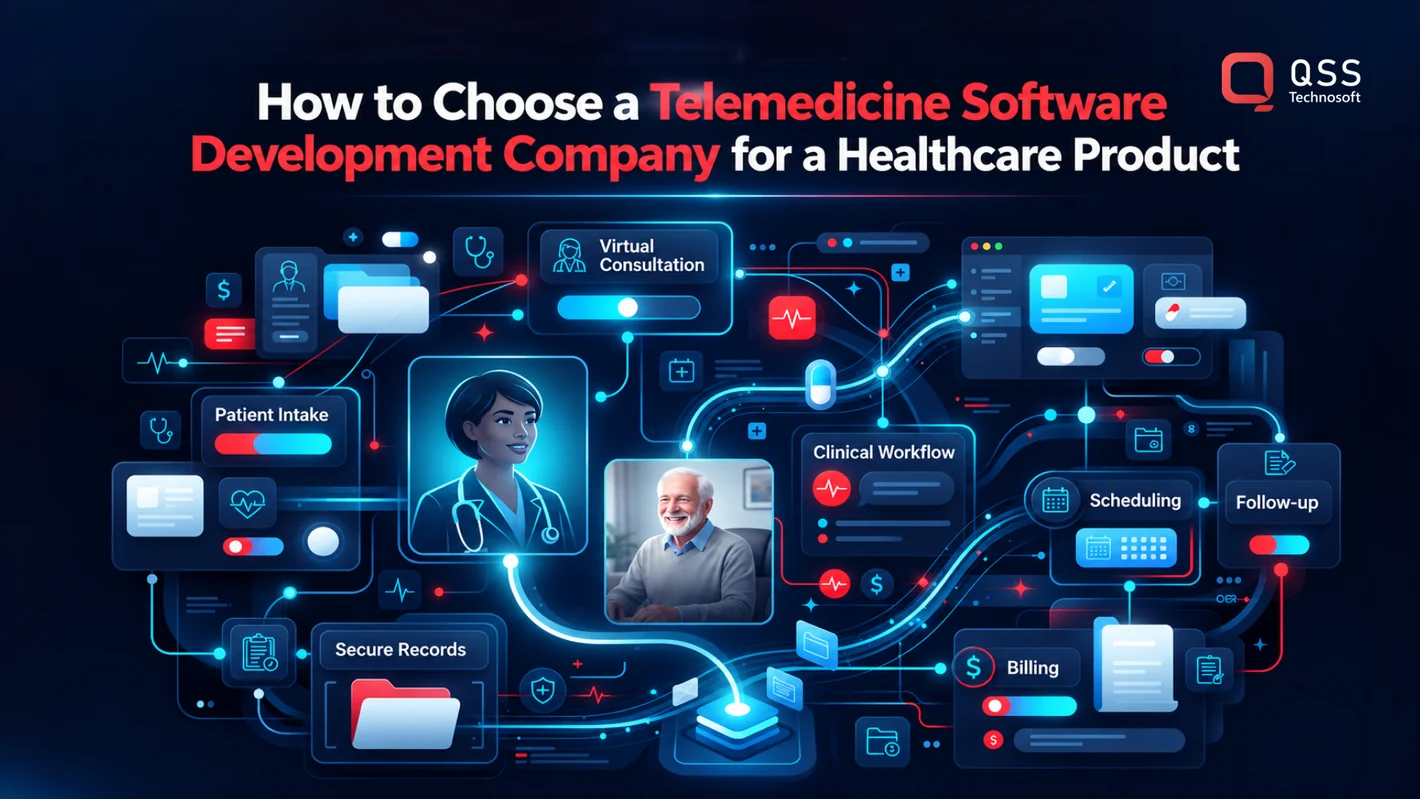 How to choose a telemedicine software development company — virtual consultation connected to patient intake, scheduling, clinical workflow, secure records, billing, and follow-up