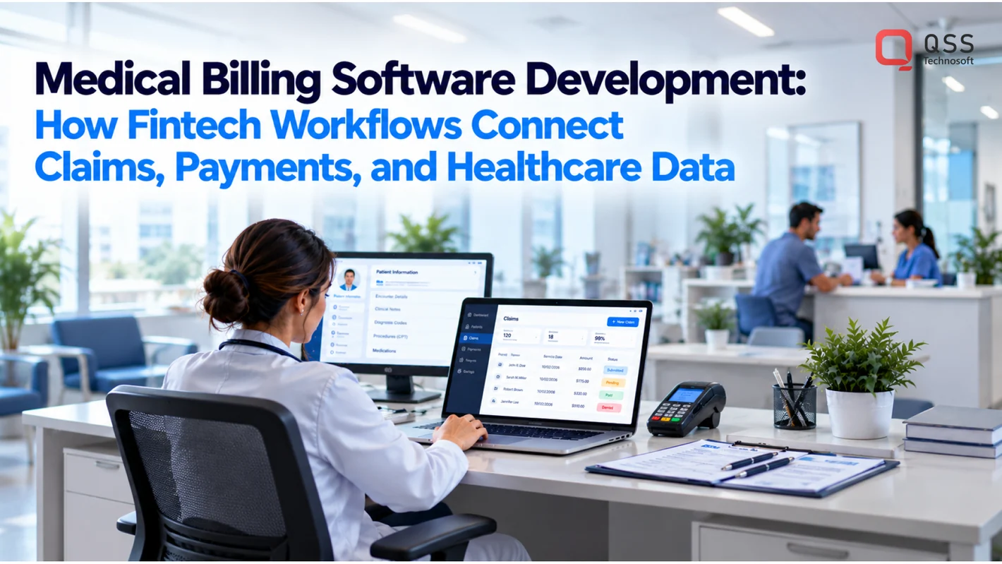 Medical billing software development — EHR encounter data, claims, and fintech payment workflows connected through to payment reconciliation