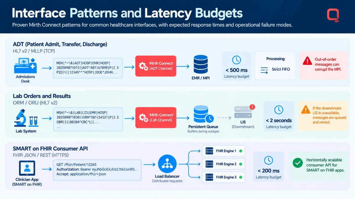 Interface patterns and latency budgets — ADT over HL7 v2 MLLP into the EMR/MPI under 500 ms with strict FIFO, lab orders and results buffered in a persistent queue under 2 seconds when the LIS is unavailable, and a SMART on FHIR consumer API load balanced across engines under 200 ms