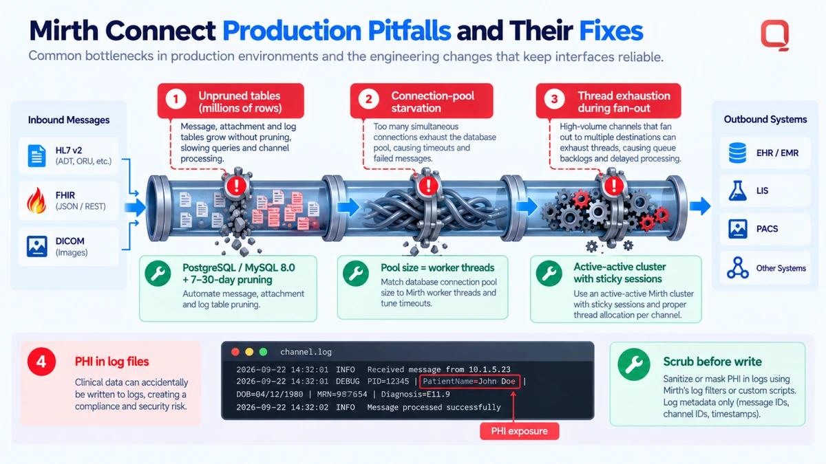 Production pitfalls and their fixes — unpruned databases, starved connection pools, thread exhaustion under destination fan-out, unencrypted MLLP and PHI written into plain-text logs, each paired with the configuration change that resolves it