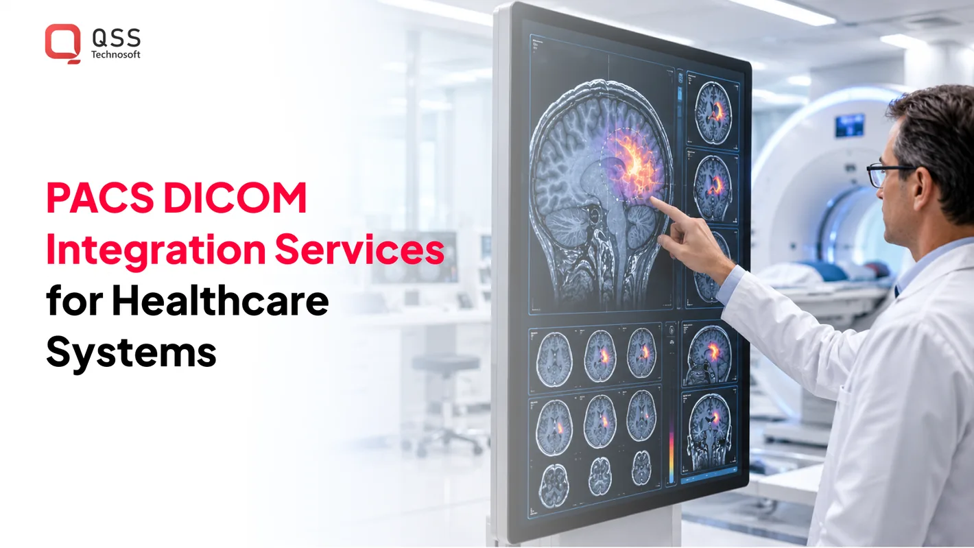 PACS DICOM integration services — CT and MRI modalities sending DICOM studies to PACS and a vendor-neutral archive, connected with RIS, EHR, and HIS for medical imaging interoperability
