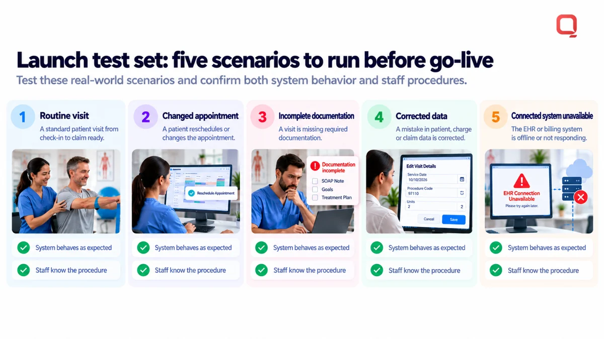 Physical therapy software launch test set: routine visit, changed appointment, incomplete documentation, corrected data, and an unavailable connected EHR or billing system, checked against system behavior and staff procedures