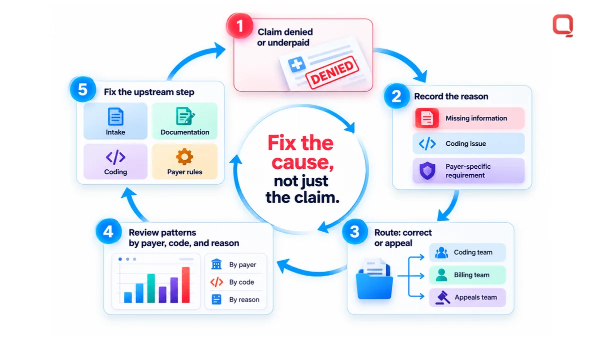 RCM software denial management loop: a rejected or underpaid claim is categorized by reason, routed for correction or appeal, and denial patterns by payer, code, and reason feed back into intake, coding, and payer rules