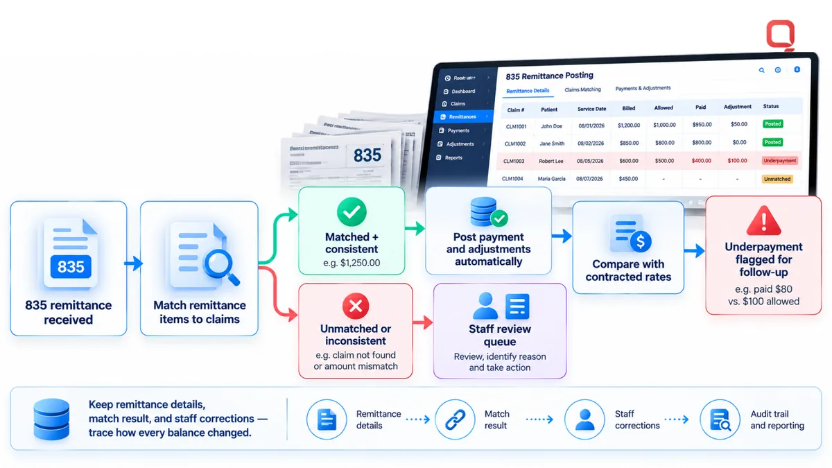 Automated 835 remittance posting in revenue cycle management software: remittance items matched to claims, routine entries posted, unmatched items sent to review, and payments compared with contracted rates to flag underpayments