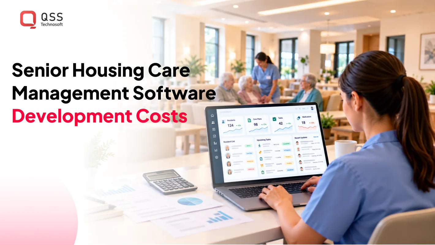 Senior housing care management software development &mdash; a caregiver using a tablet care management platform with resident records, care plans, and medication tasks in a senior living community