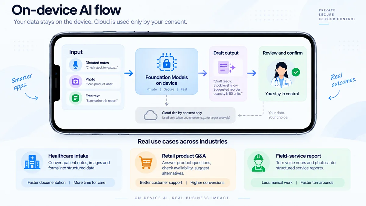 On-device AI flow: dictated notes, a photo or free text are processed by Foundation Models on the device into a draft the user reviews and confirms, with a cloud tier used only by consent