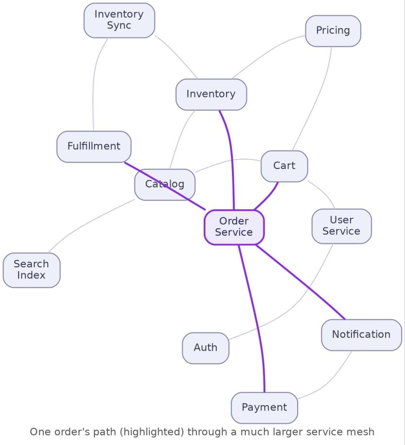 Figure 3: one order’s path highlighted through a much larger service mesh, running from cart and inventory through the order service to payment and notification, among unrelated services such as auth, catalog, search index and fulfillment